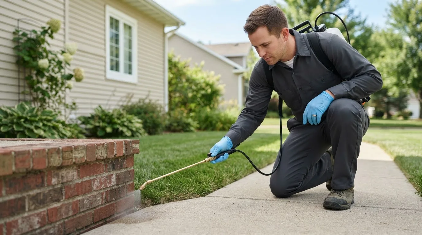 Pest control technician treating a home near Johnson, KS